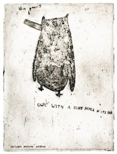 Owl with a blue pencil in its ear (1971) From the official website of British artist, Jim Haldane MA RCA www.jimhaldane.com Copyright © Jim Haldane